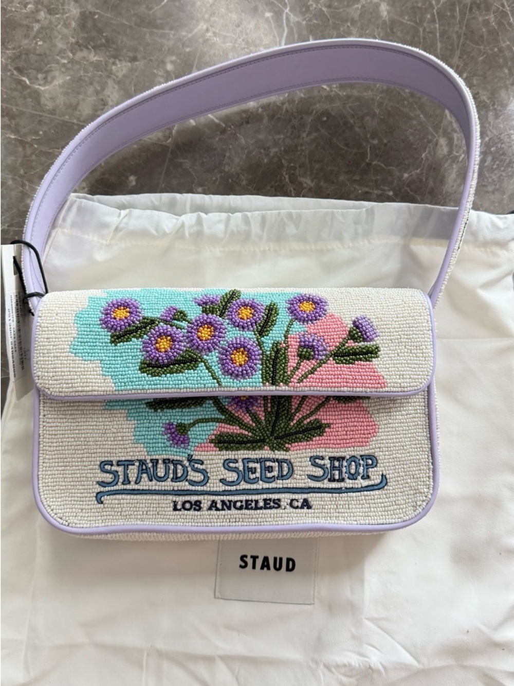 STAUD Lavender Beaded Floral Shoulder Bag
